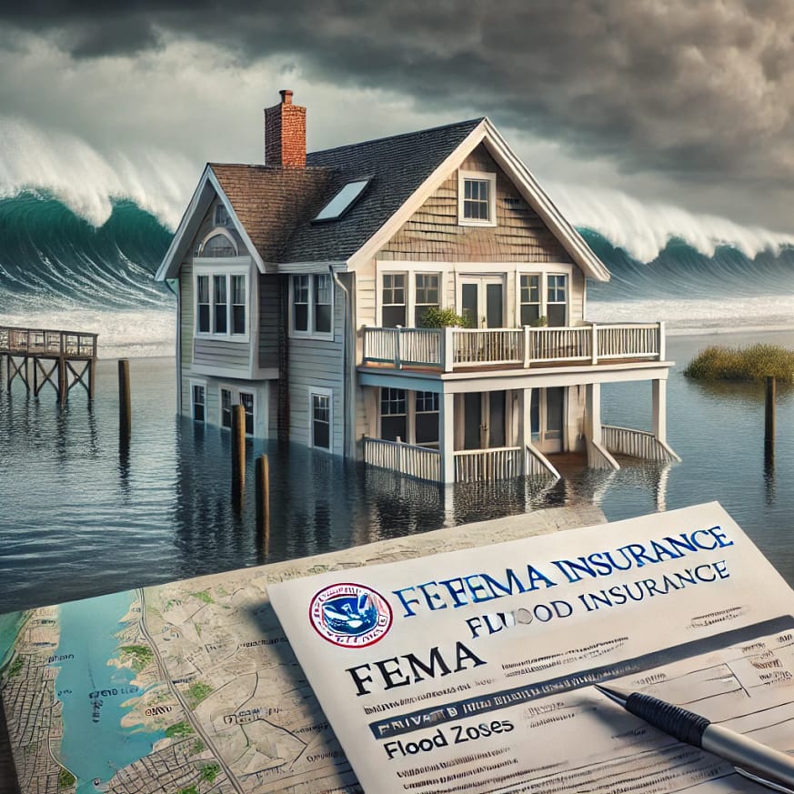 Ocean City, NJ beach house with storm clouds, highlighting the need for flood insurance through FEMA or private insurance policies.